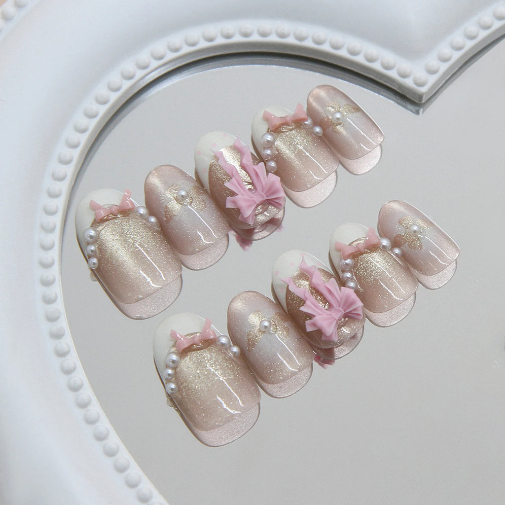 White French Press on Nails 3D Bowknot Fake Nails Tips Full Cover Wearable False Nails for Women and Girls DIY Manicure 24Pcs