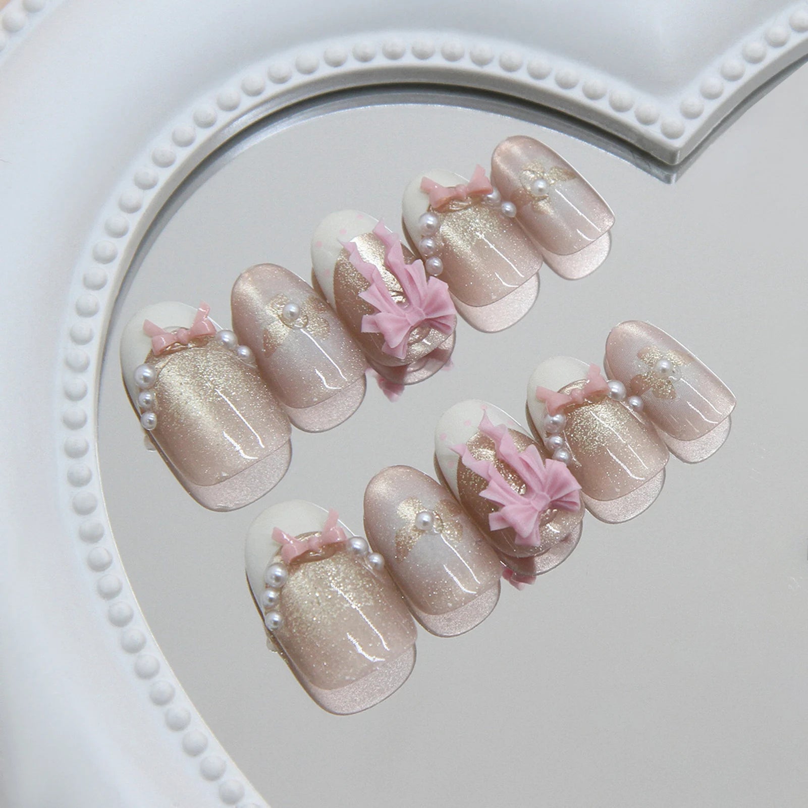 White French Press on Nails 3D Bowknot Fake Nails Tips Full Cover Wearable False Nails for Women and Girls DIY Manicure 24Pcs