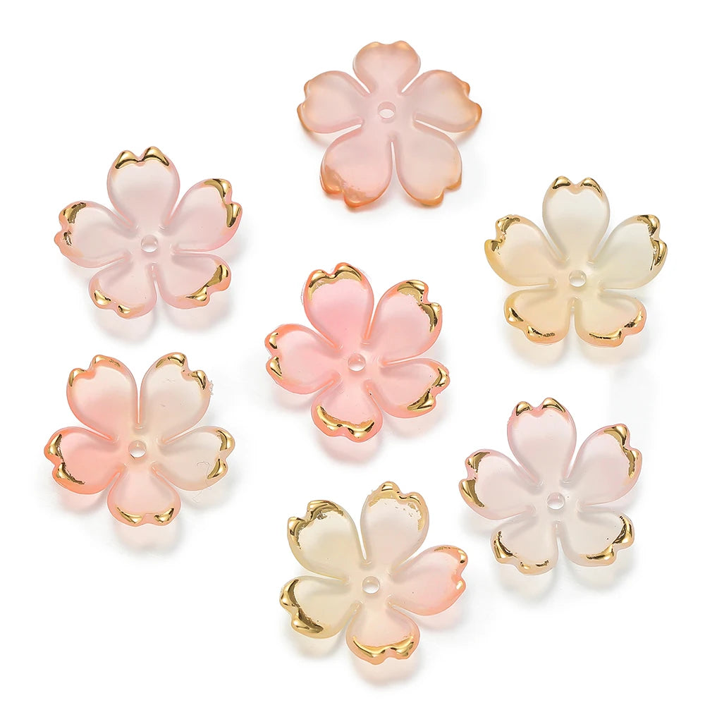 50pcs Cherry Blossoms Acrylic Beads Golden Brushed Patter Petals Charm Connector DIY Earrings Hair Jewelry Making Acessories