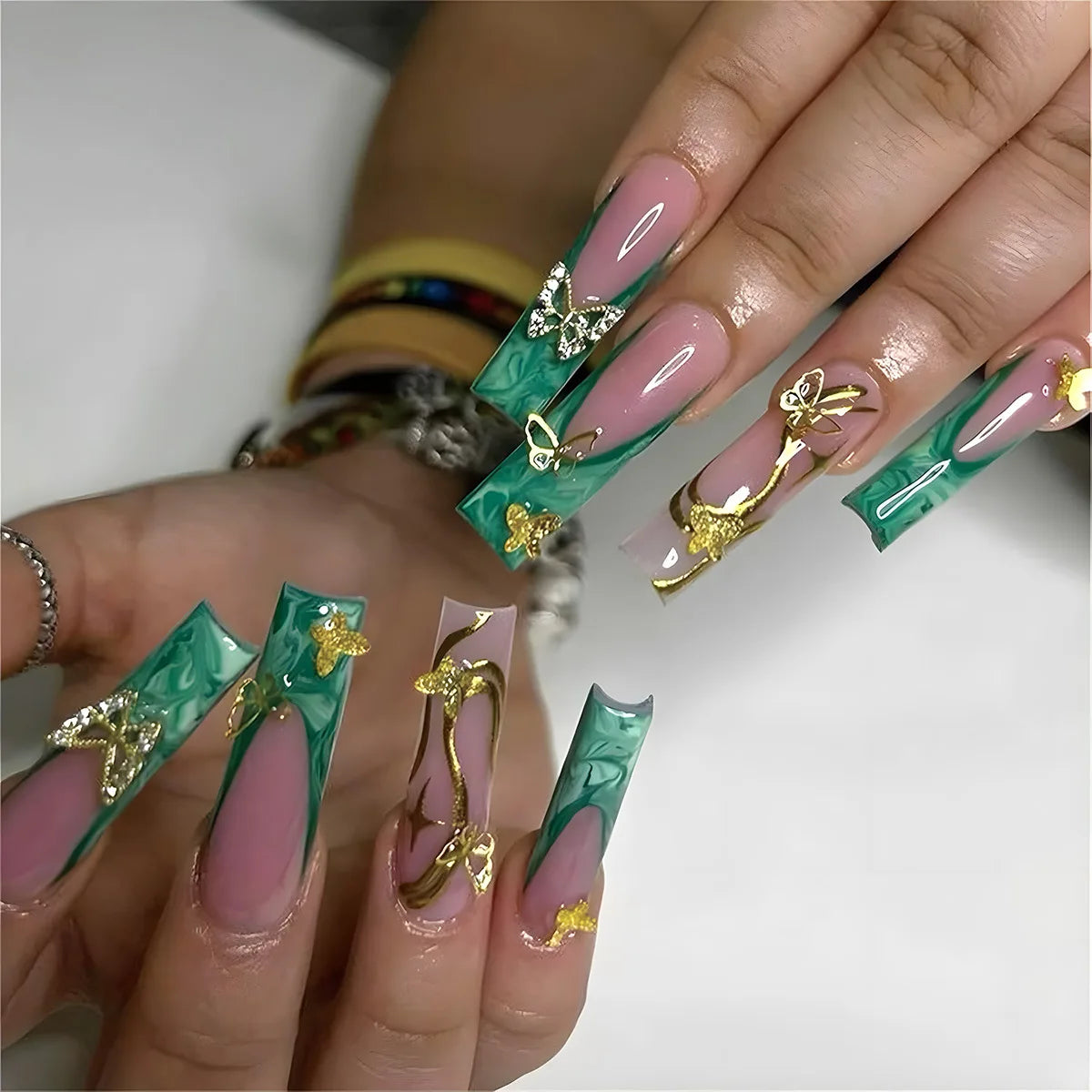 24Pcs Long Square Press on Nails Leopard Print French 3D Cherry Design False Nail Rhinestone Wearable Full Cover Fake Nails Tips
