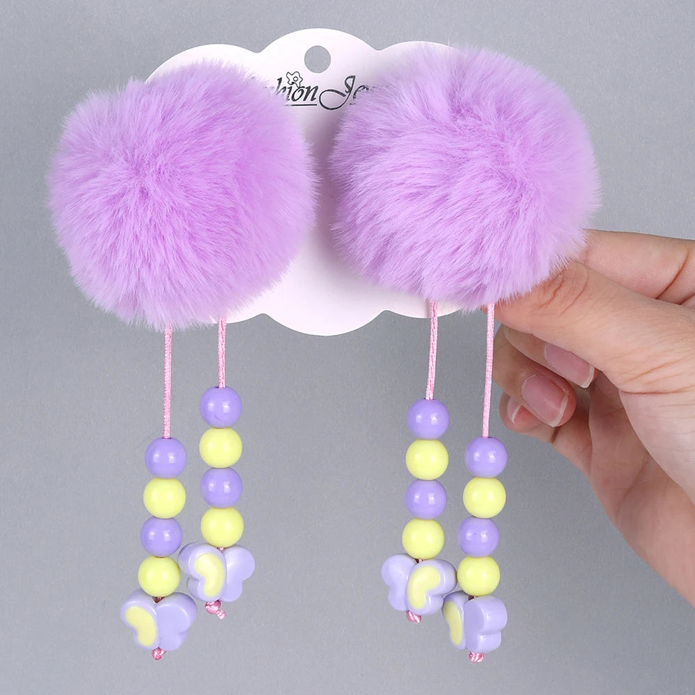 2Pcs Pom-Pom Hairpins Cute Fluffy Ball Hair Clips With Butterfly Beads Dangle Barrette For Girls Children Headwear Accesories