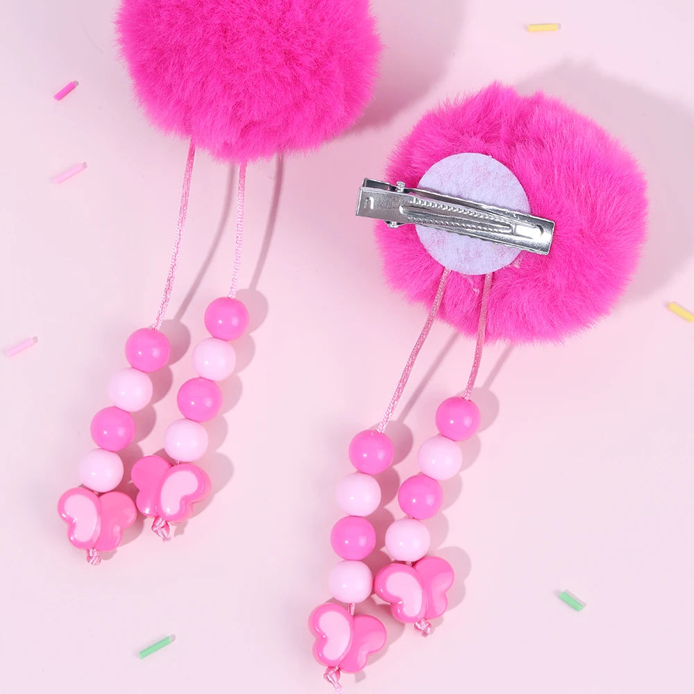 2Pcs Pom-Pom Hairpins Cute Fluffy Ball Hair Clips With Butterfly Beads Dangle Barrette For Girls Children Headwear Accesories