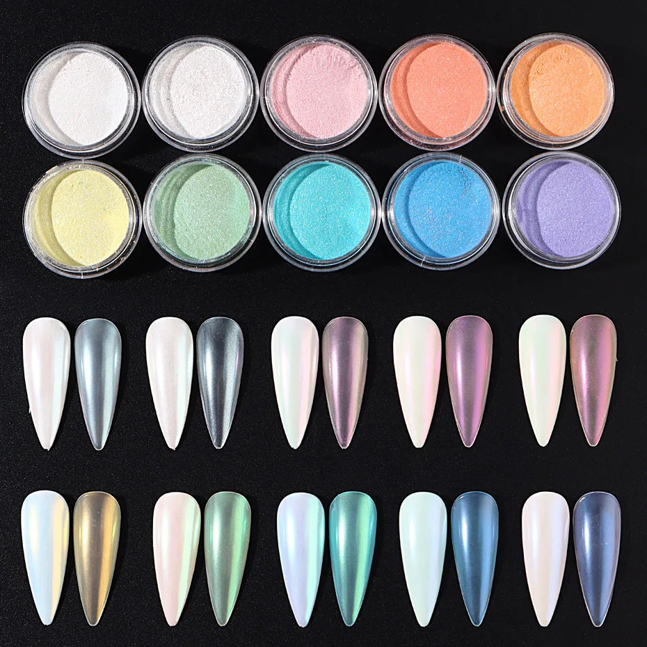 Juego de 10 Polvos de Inmersión para Uñas Efecto Aurora Sirena Pigmento Iridiscente Arte de Uñas Gel Esmalte Perla Polvo DIY Decoraciones de Manicura