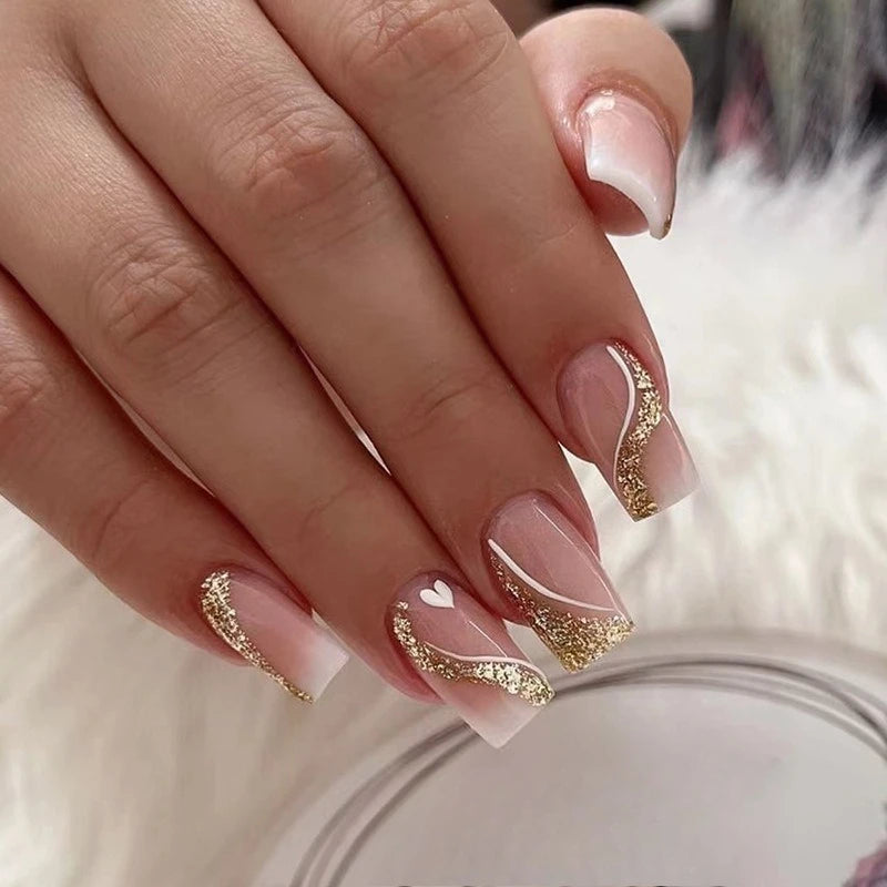 24Pcs Short Square Coffin False Nails Square Fake Nails with Glue French Glitter Wearable Acrylic Nails Set Press on Nail Tips