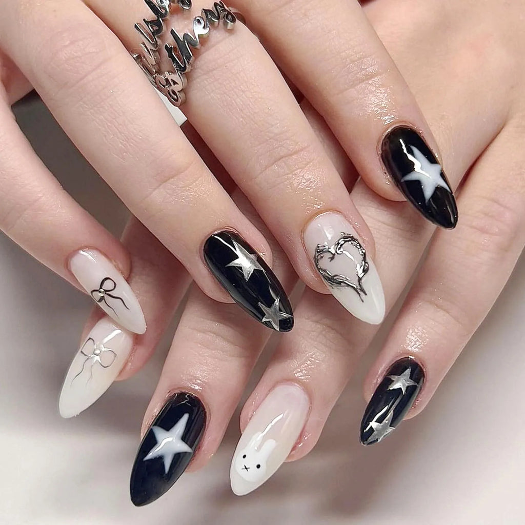 24pcs Star Moon Style Fake Nails White Swan Bowknots Flower Pattern Printed Press On Nails Gradient Black Almond Y2k False Nail