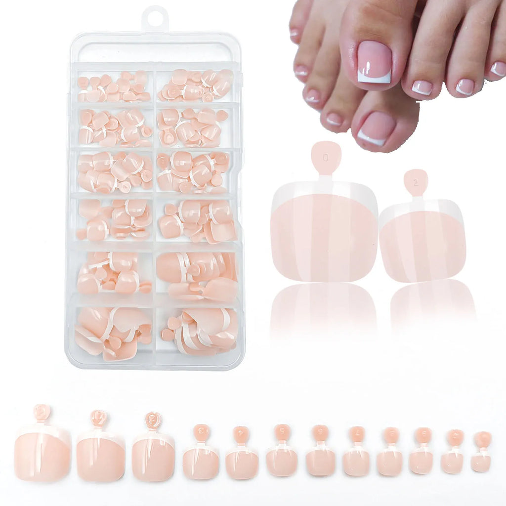 120Pcs Glossy Nude Pink French Press-On-Toenail Set 1*Box Short French Square  Fake Toe Nails Solid-Color Manicure Toenails Tips