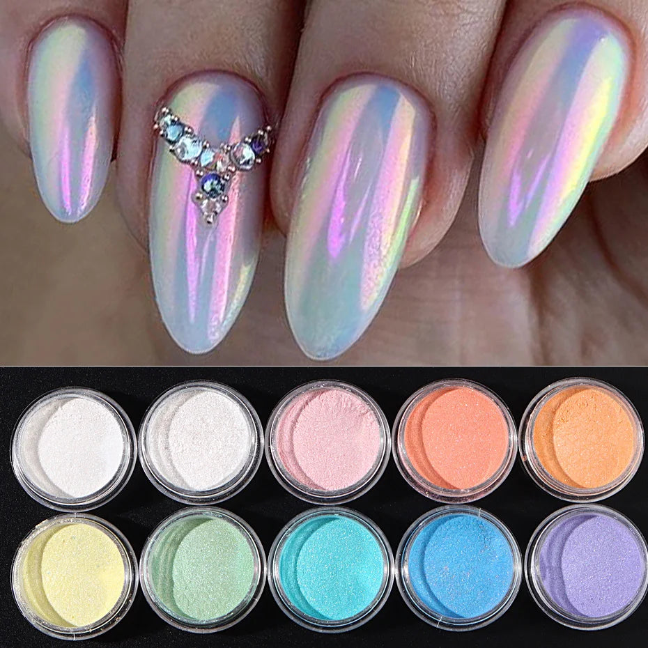 Juego de 10 Polvos de Inmersión para Uñas Efecto Aurora Sirena Pigmento Iridiscente Arte de Uñas Gel Esmalte Perla Polvo DIY Decoraciones de Manicura