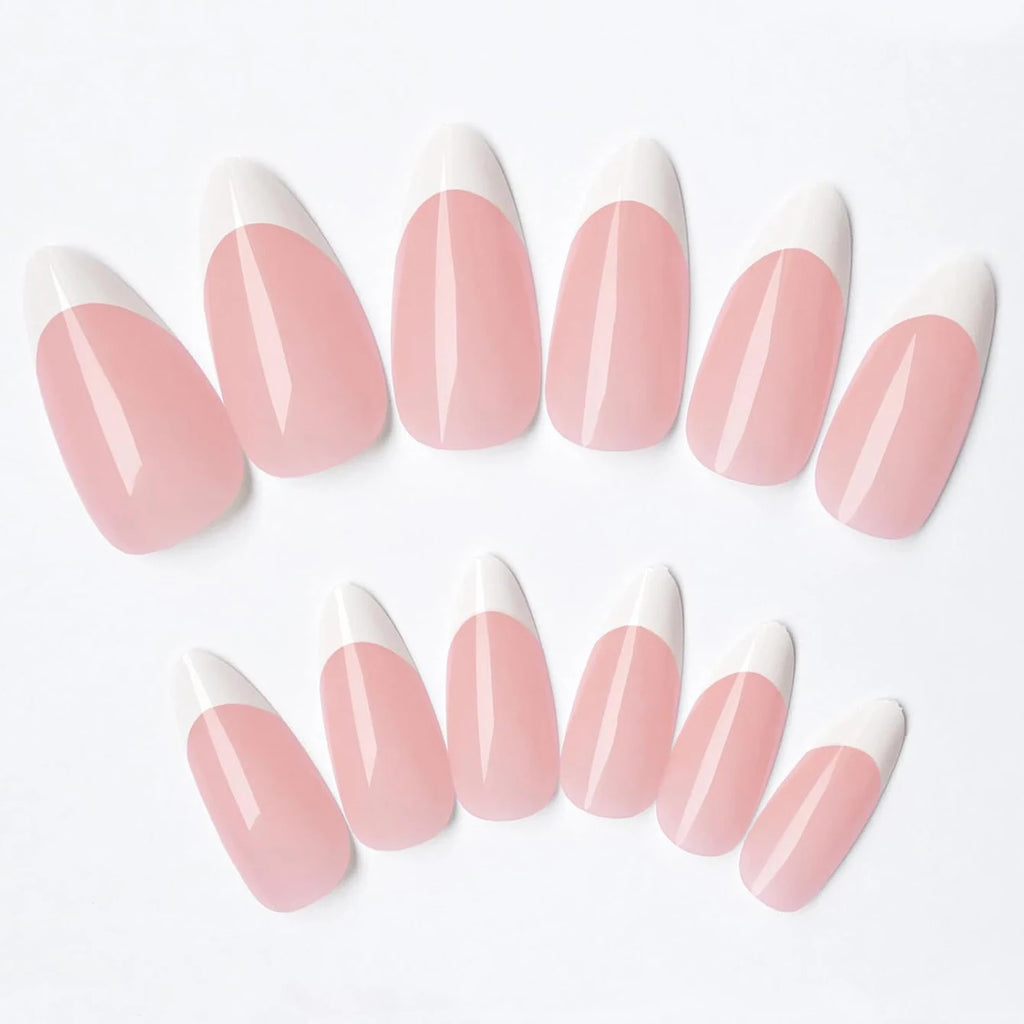 24pcs Long Almond Fake Nails White French Press on Nails Simple Full Cover Detachable Nail Tips
