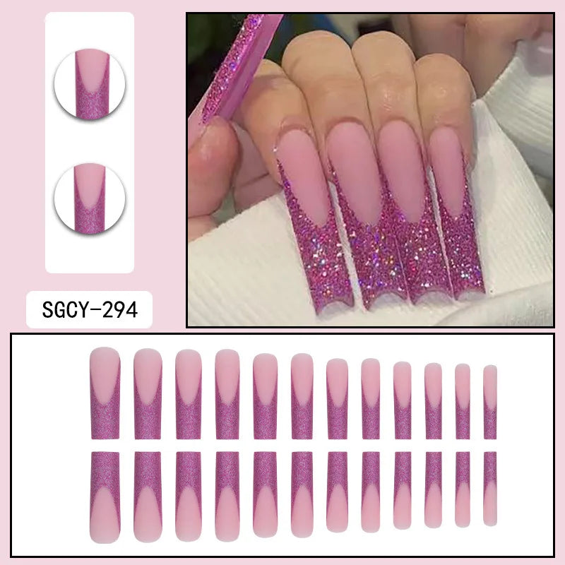 24 piezas de uñas postizas ultra largas con forma de ataúd, con diseño francés, degradado y flores, mariposa 3D, puntos, diamantes y acabado brillante.