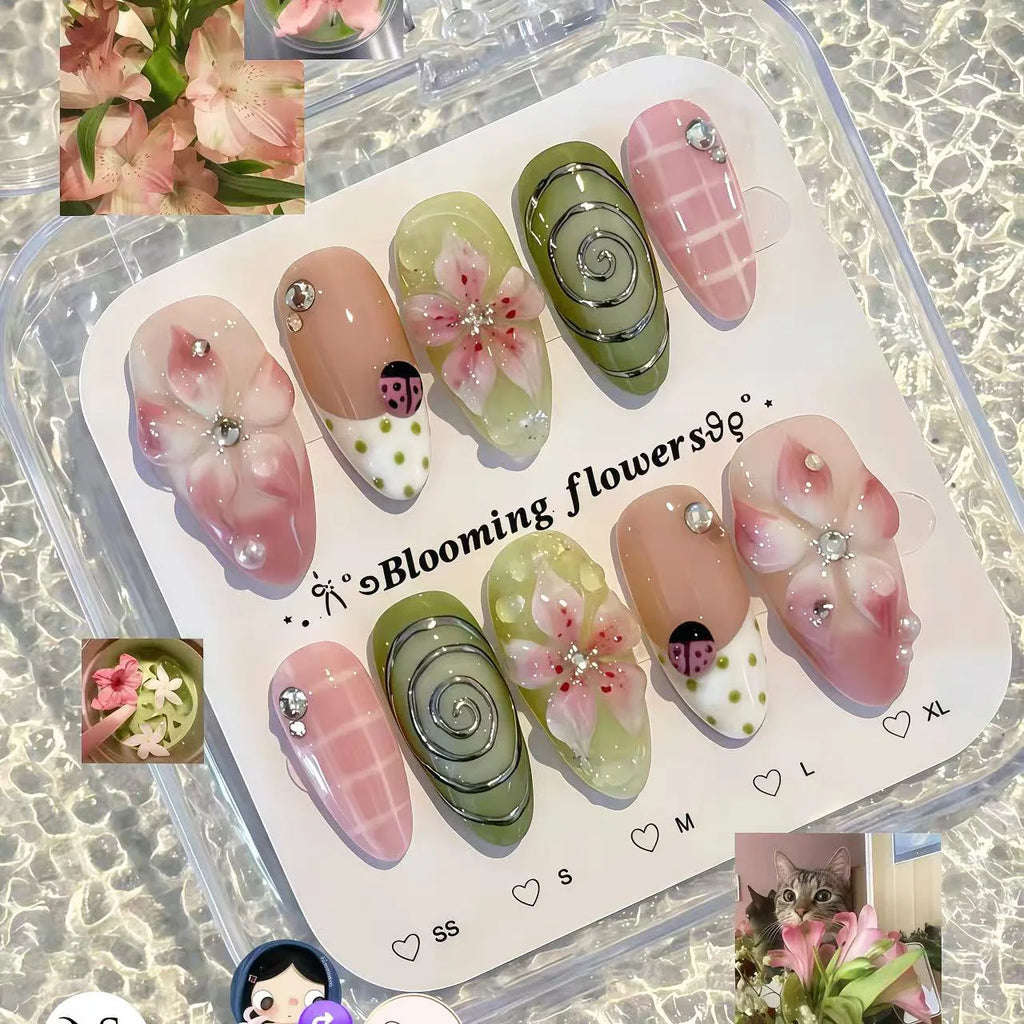 24PCS Pink Almond Press on Nails Full Cover Carved Flower 3D Ripples French Fake Nails for Women with Golden Pearl Wearable Nail