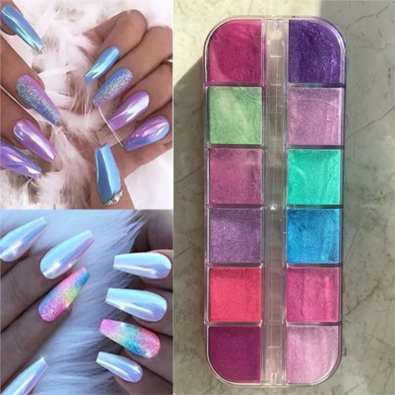 12 rejillas efecto espejo polvo de uñas de sirena holográfico perla cromo pigmento brillo fino polvo de inmersión suministros de artesanía de uñas