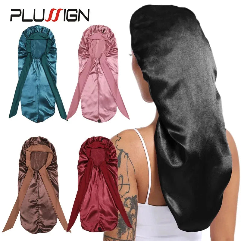 Long Satin Bonnet Solid Color Extra Large Sleep Cap With Long Tie Hair Bonnet For Black Women Hair Care Cap For All Hair Types