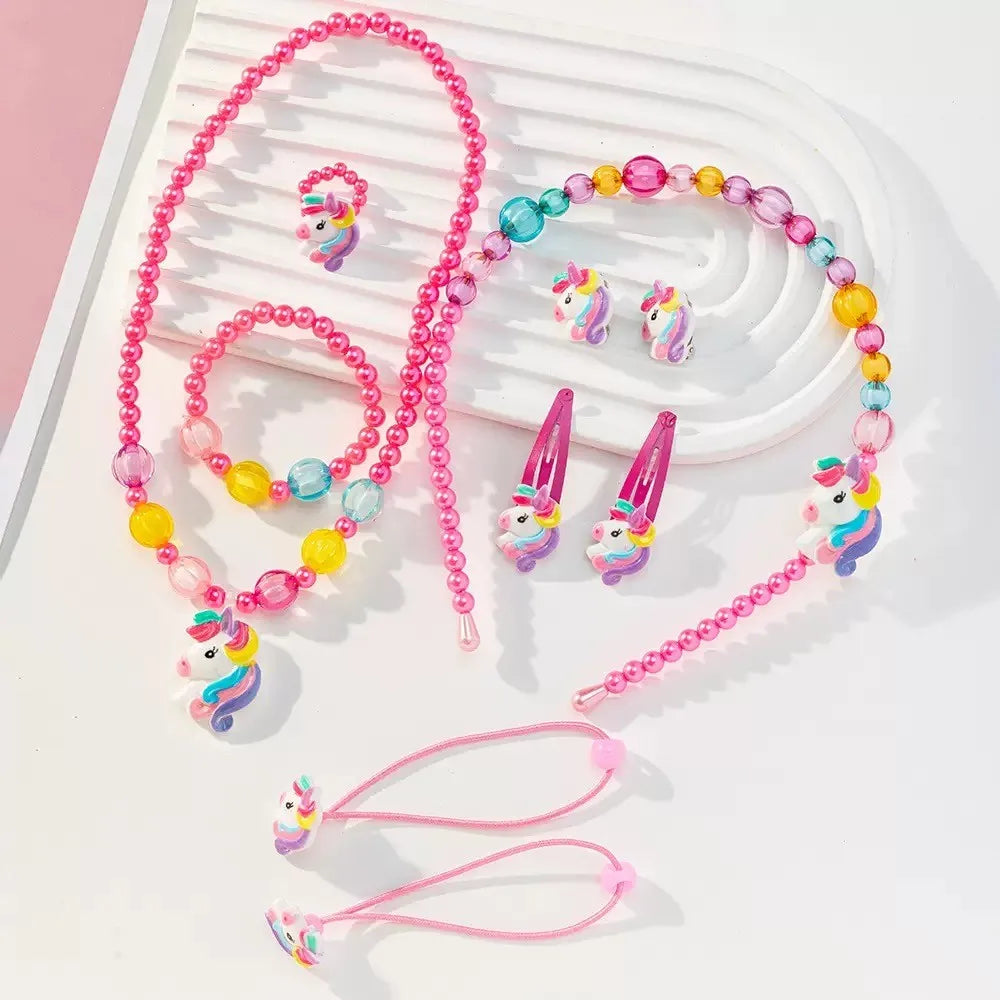 1 Set Handcrafted Unicorn Kids Beaded Jewelry set Cute Animal Necklace Bracelet Ring and Hair Clips Set for Little Princess Gift