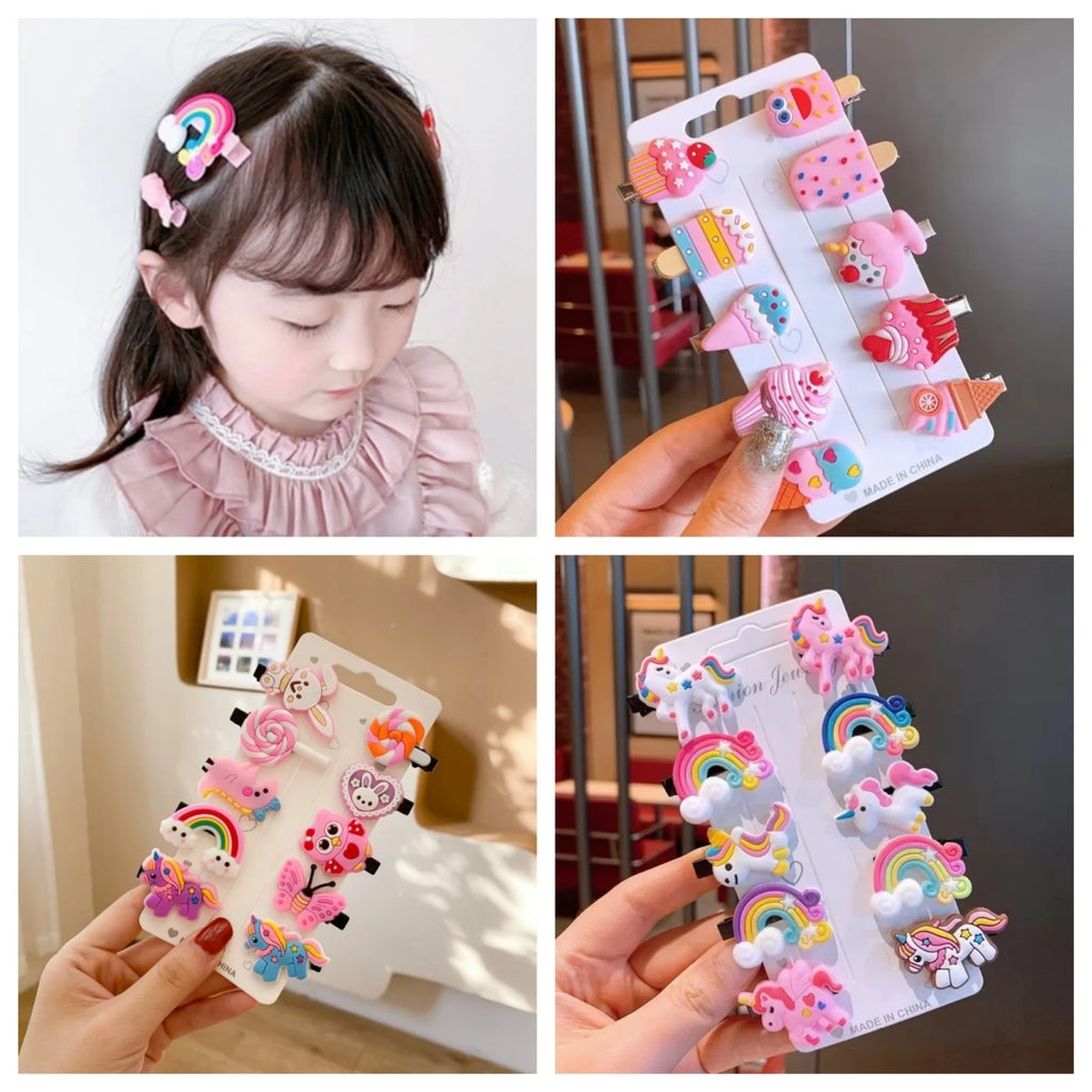 Juego de 10 pinzas para el pelo de unicornio de dibujos animados para niñas, bonitas horquillas para niños, diadema de helado, pasadores, accesorios de moda para el pelo