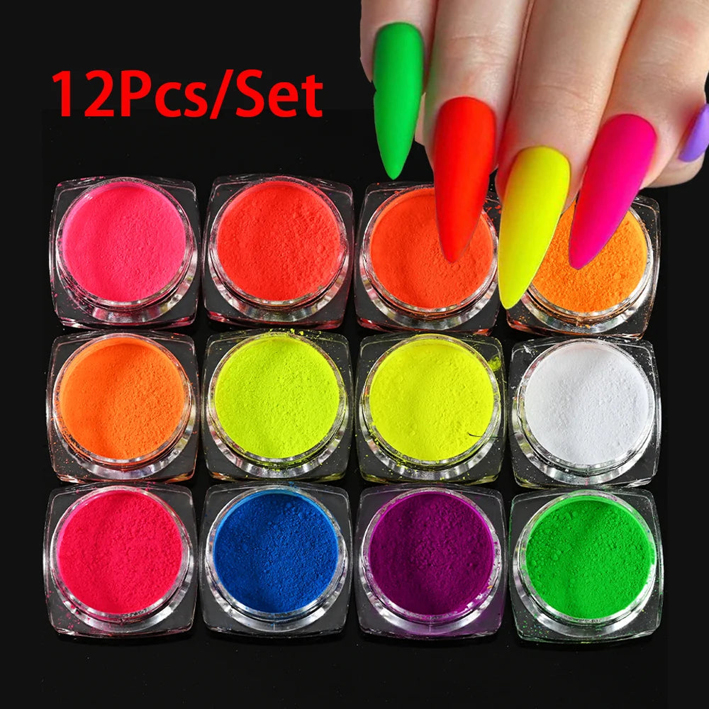 12-Colors/Set Neon Fluorescent Nail Art Powder Festival Rainbow Chrome Pigment DIY Eye Body Manicure Decor Glitter Dipping Dust