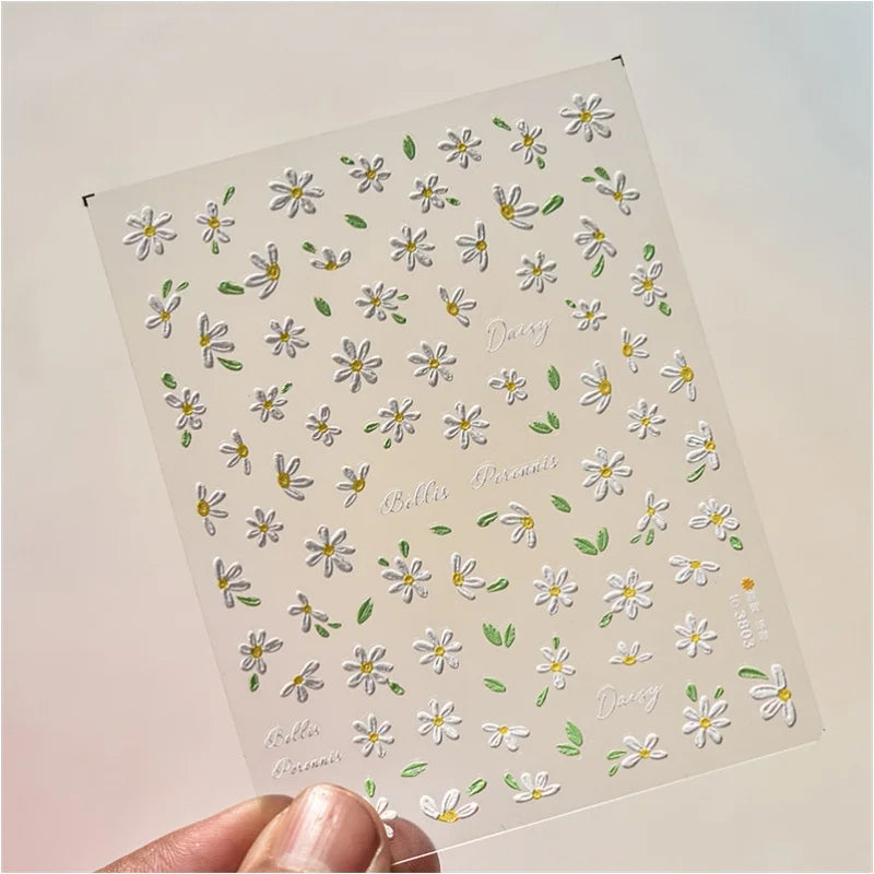 1Sheet 5D Soft Embossed Relief Nail Stickers Cute Daisies Self Adhesive Slider Stickers Press On Nails DIY Japanese Nail Art Dec