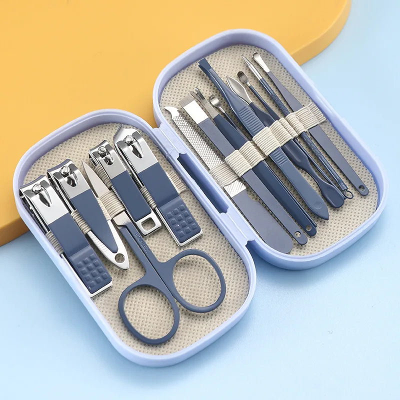 14 Piece Deluxe Manicure & Pedicure Set Pink And Blue Stainless Steel Nail Scissors, Clippers, Ear Digging Spoon for Men & Women