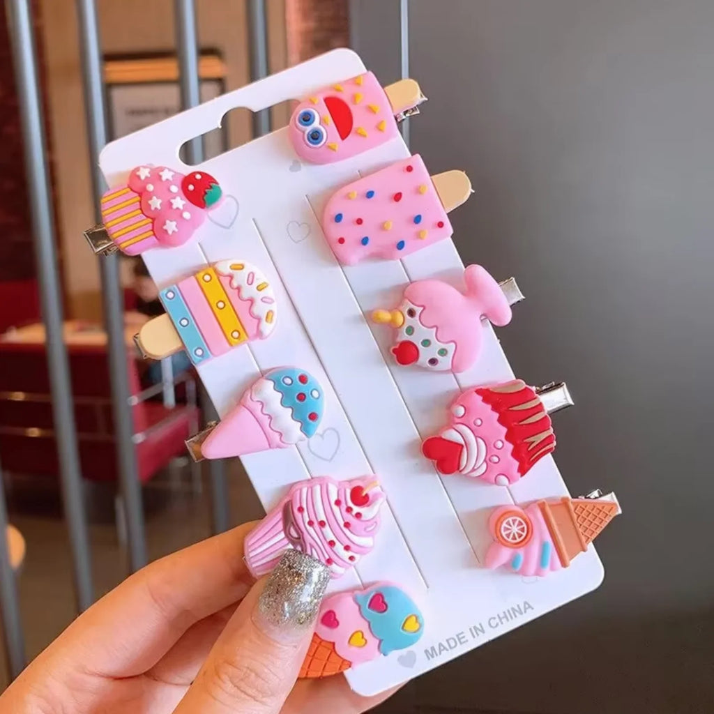 Juego de 10 pinzas para el pelo de unicornio de dibujos animados para niñas, bonitas horquillas para niños, diadema de helado, pasadores, accesorios de moda para el pelo