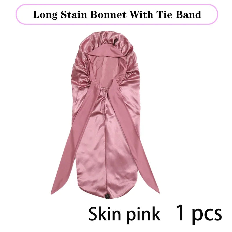 Long Satin Bonnet Solid Color Extra Large Sleep Cap With Long Tie Hair Bonnet For Black Women Hair Care Cap For All Hair Types