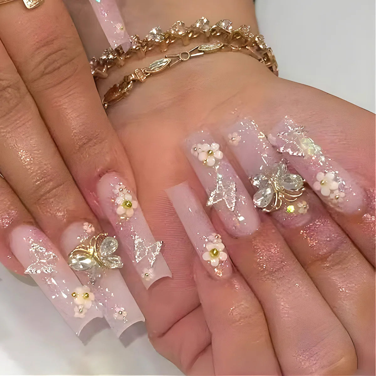 24Pcs Long Square Press on Nails Leopard Print French 3D Cherry Design False Nail Rhinestone Wearable Full Cover Fake Nails Tips