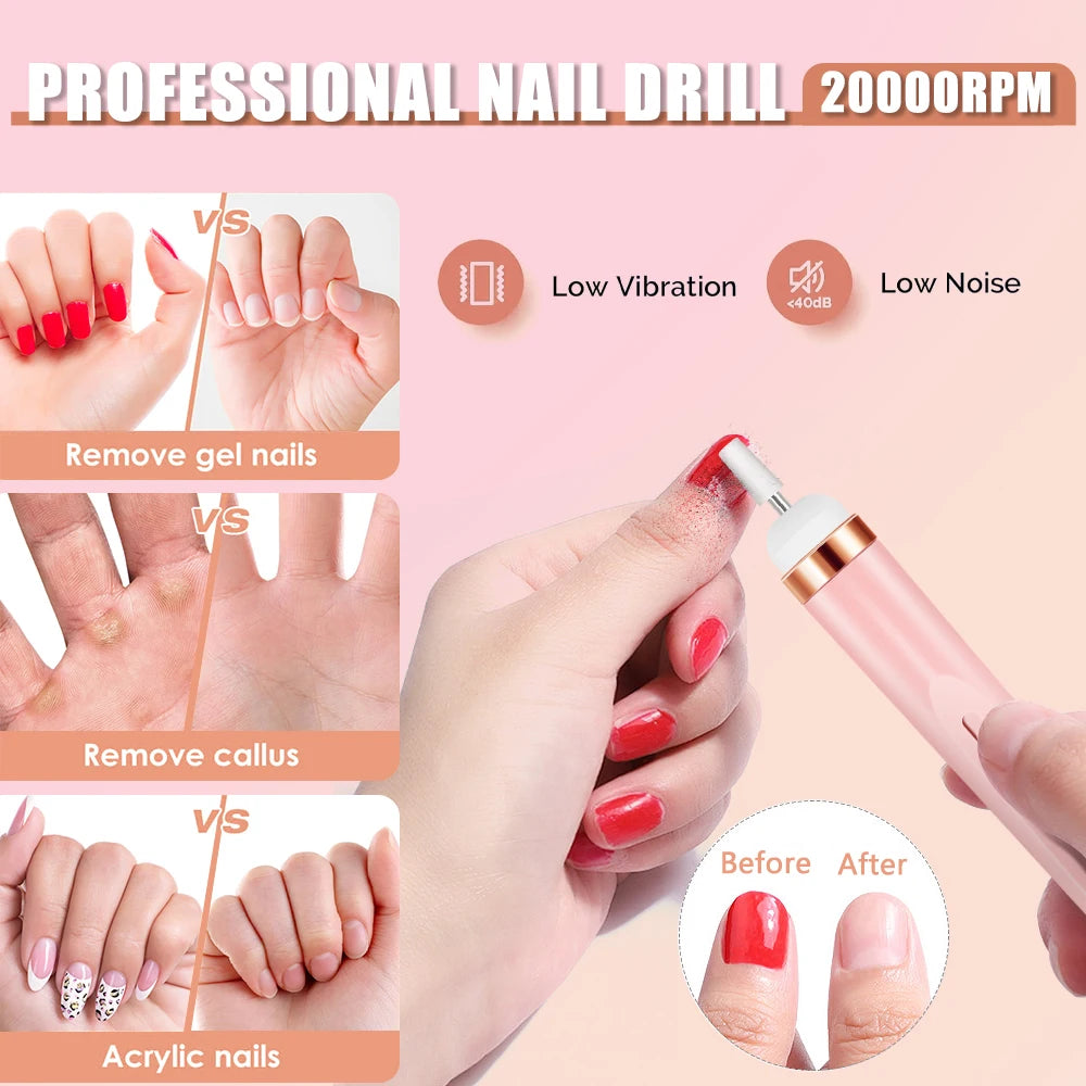 Electric Nail Drill Machine Portable Electric Nail File Rechargeable 20000RPM Nail Drill Pedicure Polishing Tools for Home