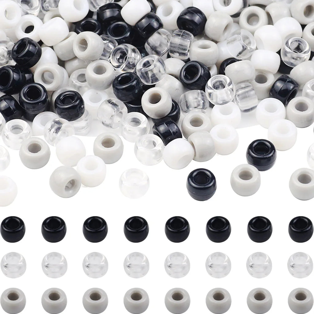 Round Plastic Pony Beads 6x9mm 200-1200pcs For Jewelry Making DIY Hair Braids And Party Decorations Black White Grey Loose Beads
