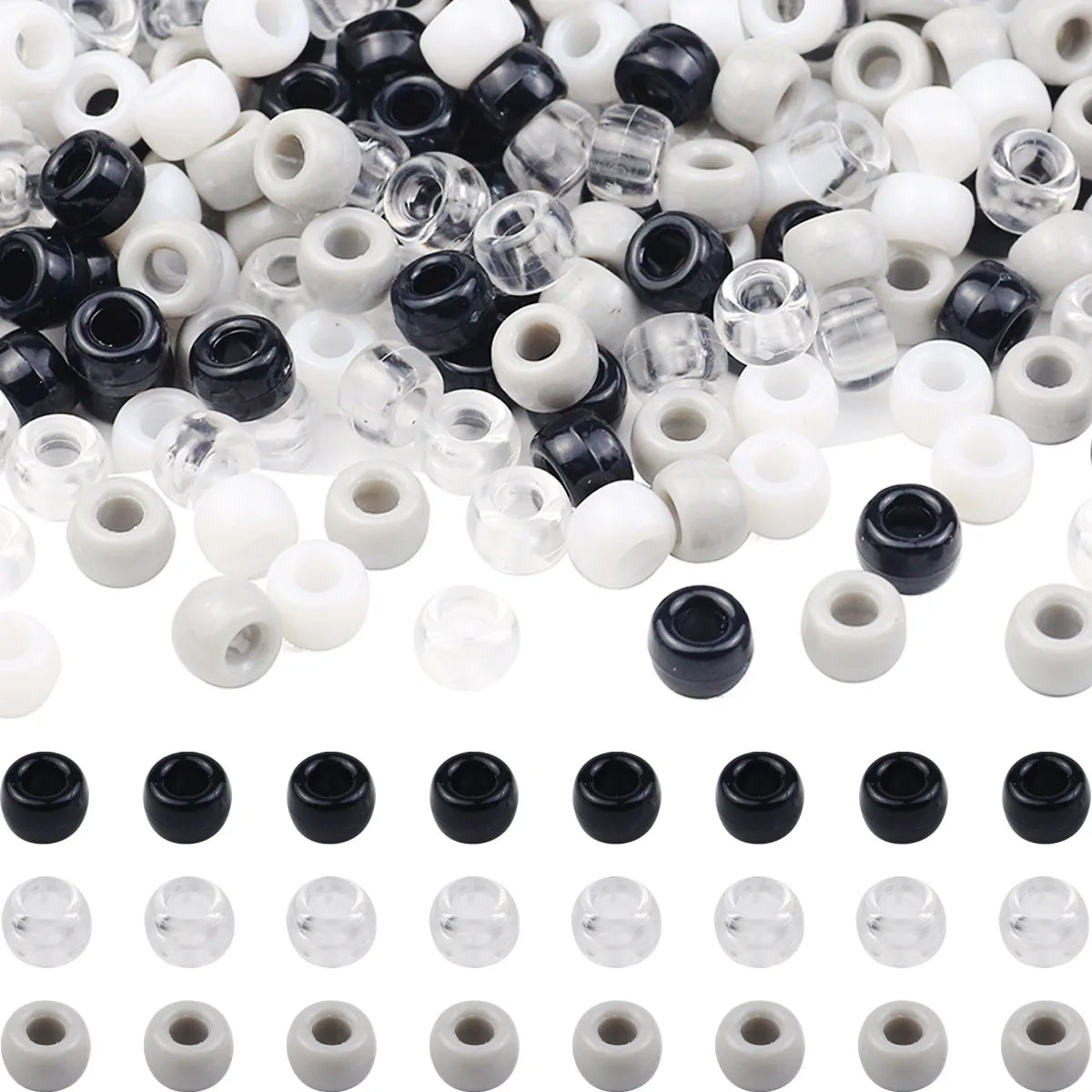 Round Plastic Pony Beads 6x9mm 200-1200pcs For Jewelry Making DIY Hair Braids And Party Decorations Black White Grey Loose Beads