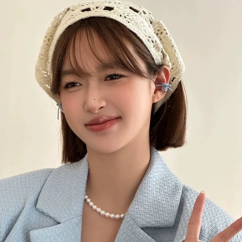 Fashion Knitted Headscarf Hat French Pastoral Style Triangle Headband Handmade Crochet Headband Towel Retro Flower Headscarf