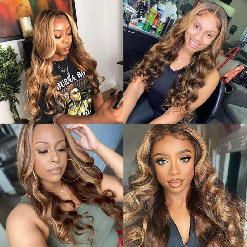 34inch Body Wave Highlight Wig Human Hair Honey Blonde