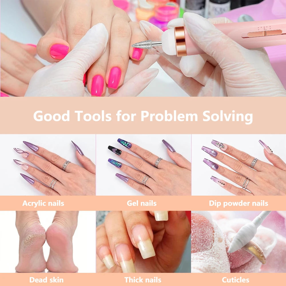 Electric Nail Drill Machine Portable Electric Nail File Rechargeable 20000RPM Nail Drill Pedicure Polishing Tools for Home