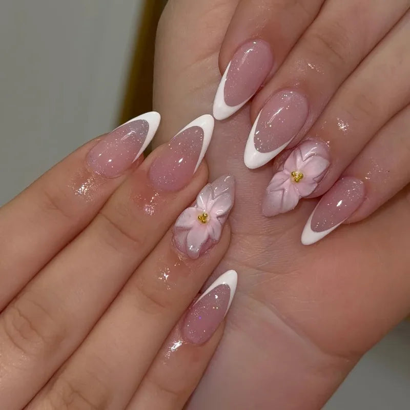 24PCS Pink Almond Press on Nails Full Cover Carved Flower 3D Ripples French Fake Nails for Women with Golden Pearl Wearable Nail