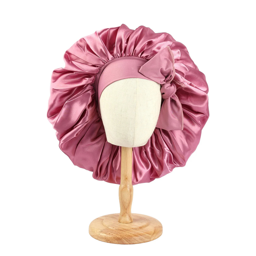 New Women Large Satin Bonnet Silky Night Sleeping Cap with Stretchy Tie Band Shower Cap Curly Braid Hair Head Cover Turban