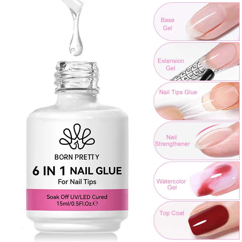 BORN PRETTY 6 IN 1 Nail Glue Gel 15ML for Acrylic Nails Soak off Base Gel Top Coat UV Extension Nail Gel False Nail Tips Gel