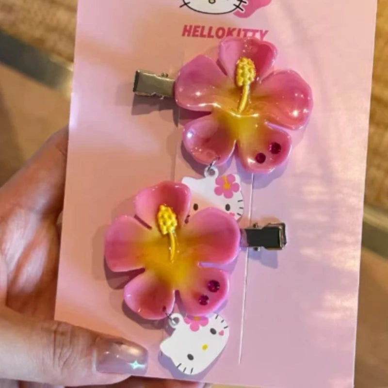 Kawaii Sanrio Hello Kitty Flower Hair Clips Set Pink Hibiscus Hair Pins Sweet Summer Hair Accessories for Women Girls