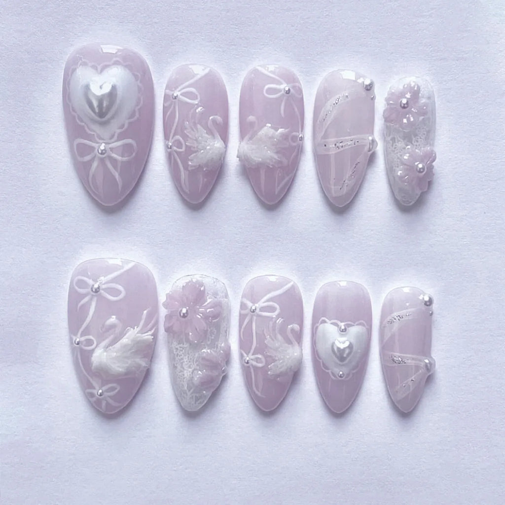 24pcs Star Moon Style Fake Nails White Swan Bowknots Flower Pattern Printed Press On Nails Gradient Black Almond Y2k False Nail