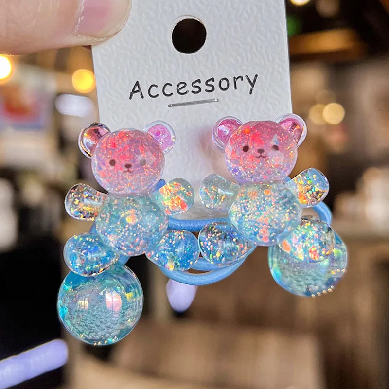 2PCS New Lovely Colorful Crown Bear Girls Elastic Hair Bands Hair Accessories Children Hair Ties Baby Headwear