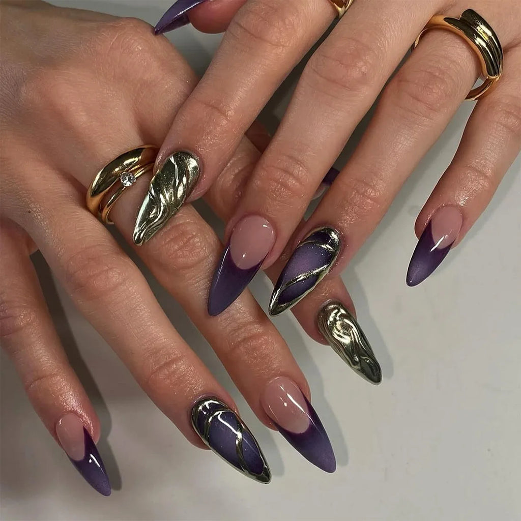 24pcs Sweet & Edgy Metallic Fake Nails 3D Silver-Plated Heart Gradient Press on Nail Almond Full Coverage Nail for Women&Girl