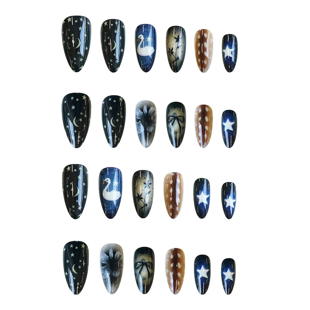 24pcs Star Moon Style Fake Nails White Swan Bowknots Flower Pattern Printed Press On Nails Gradient Black Almond Y2k False Nail