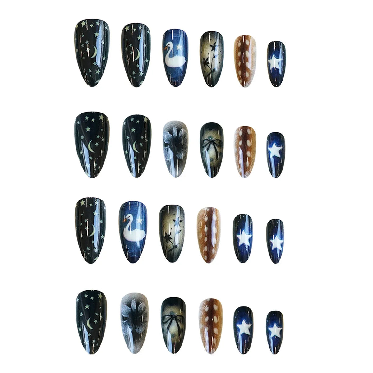 24pcs Star Moon Style Fake Nails White Swan Bowknots Flower Pattern Printed Press On Nails Gradient Black Almond Y2k False Nail