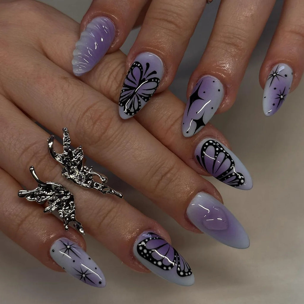 24pcs Sweet & Edgy Metallic Fake Nails 3D Silver-Plated Heart Gradient Press on Nail Almond Full Coverage Nail for Women&Girl