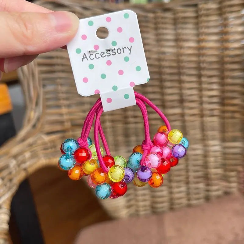 2PCS New Lovely Handmade Bead Colored Ball Girls Elastic Hair Bands Hair Accessories Children Hair Ties Baby Headwear