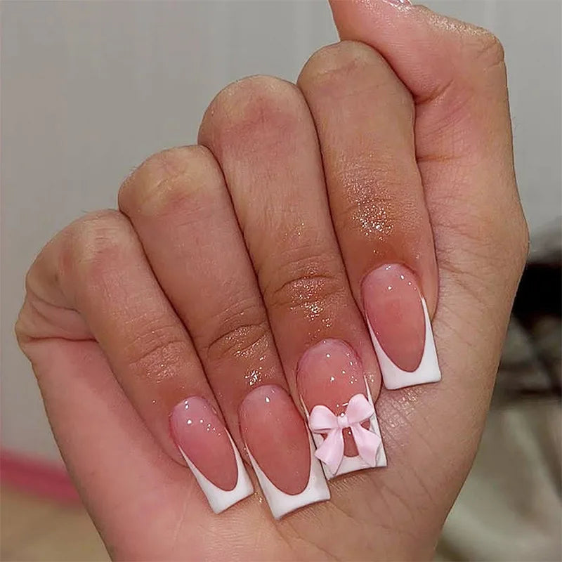 White French Press on Nails 3D Bowknot Fake Nails Tips Full Cover Wearable False Nails for Women and Girls DIY Manicure 24Pcs