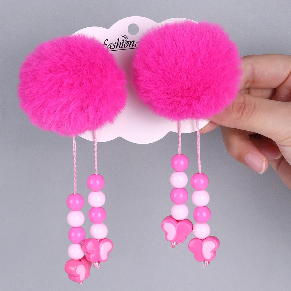 2Pcs Pom-Pom Hairpins Cute Fluffy Ball Hair Clips With Butterfly Beads Dangle Barrette For Girls Children Headwear Accesories