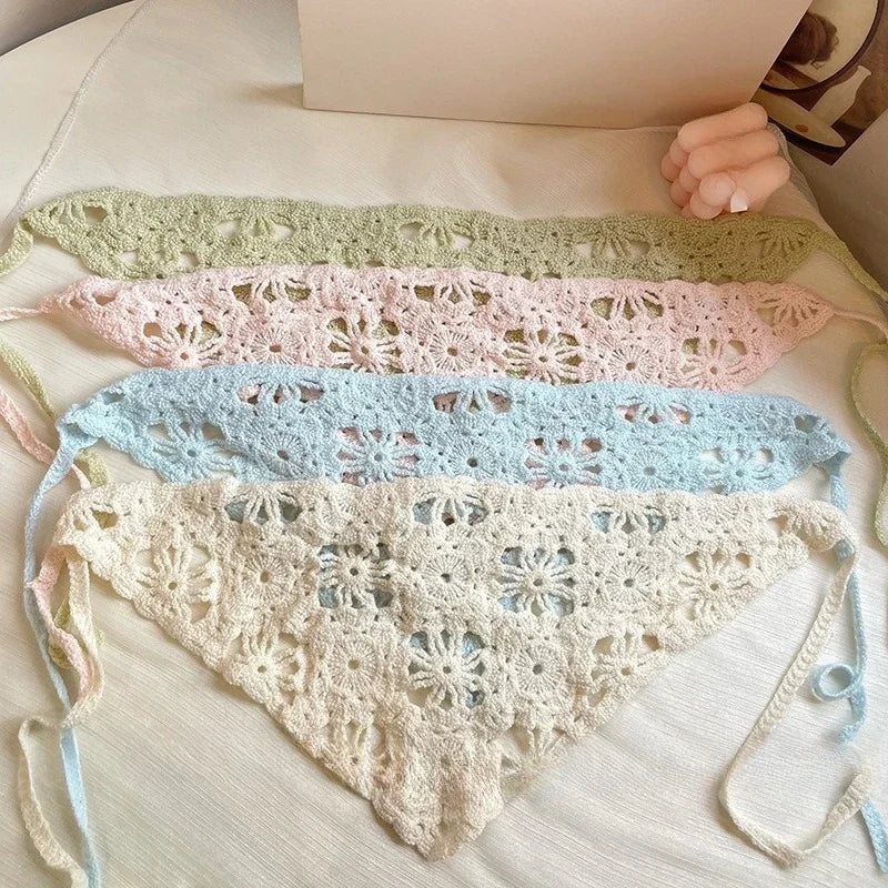 Fashion Knitted Headscarf Hat French Pastoral Style Triangle Headband Handmade Crochet Headband Towel Retro Flower Headscarf