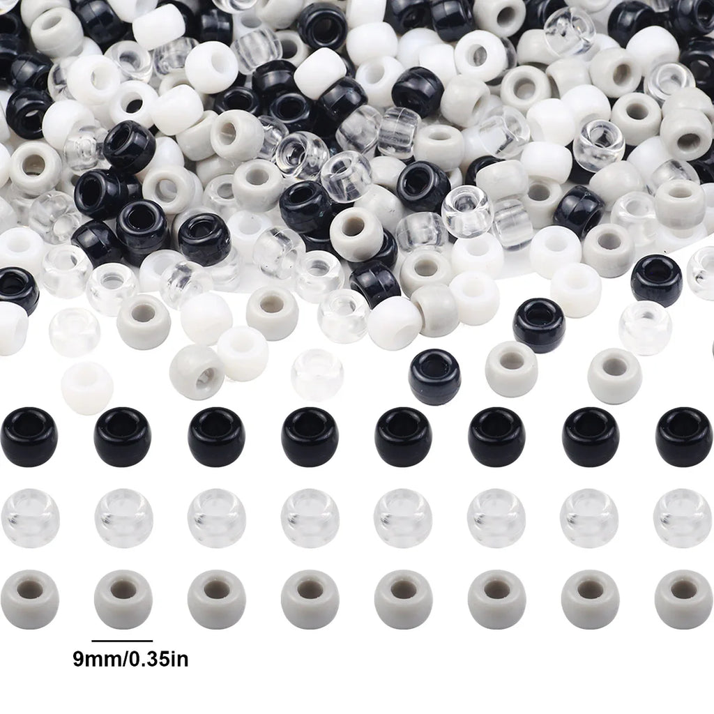 Round Plastic Pony Beads 6x9mm 200-1200pcs For Jewelry Making DIY Hair Braids And Party Decorations Black White Grey Loose Beads