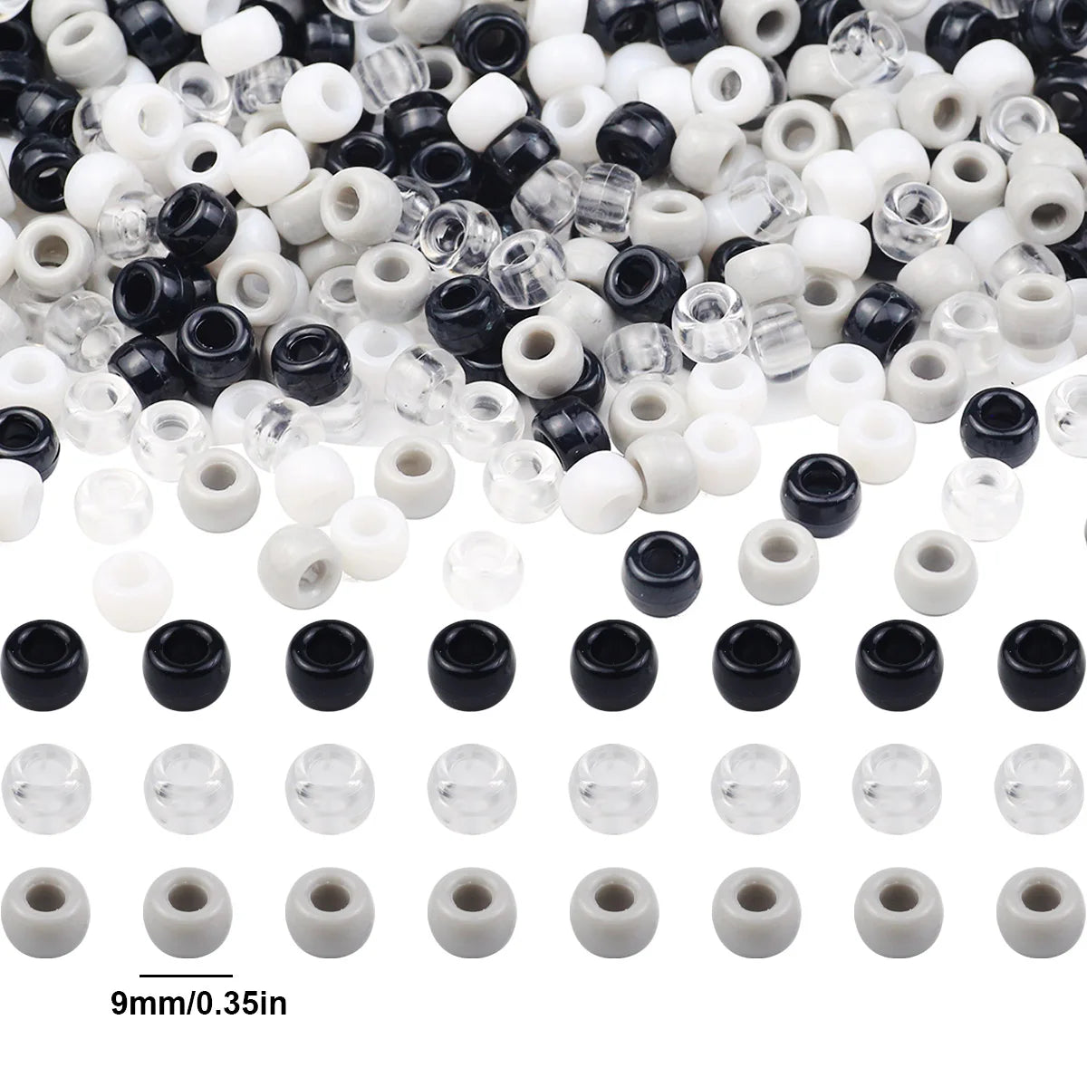 Round Plastic Pony Beads 6x9mm 200-1200pcs For Jewelry Making DIY Hair Braids And Party Decorations Black White Grey Loose Beads