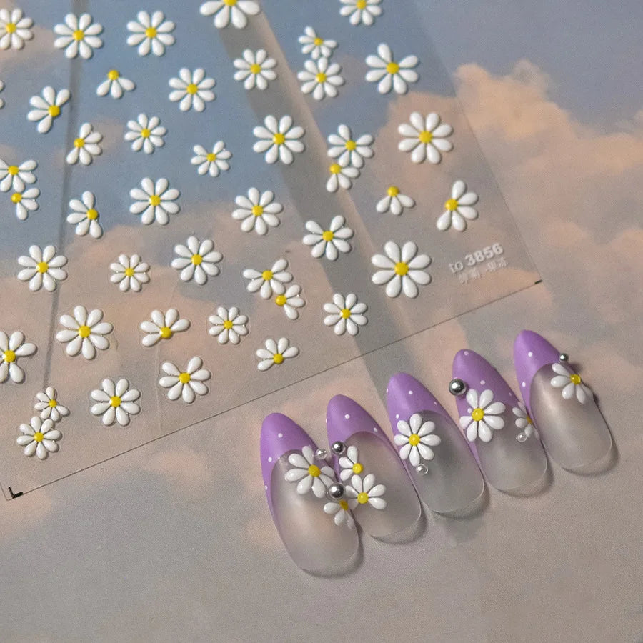 1Sheet 5D Soft Embossed Relief Nail Stickers Cute Daisies Self Adhesive Slider Stickers Press On Nails DIY Japanese Nail Art Dec