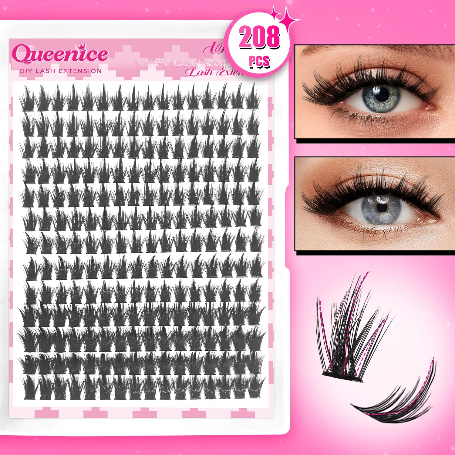 QUEENICE D-Curl - Natural Volume False Lashes - InLove Group Style - Large Capacity Eyelash Clusters for Beginners