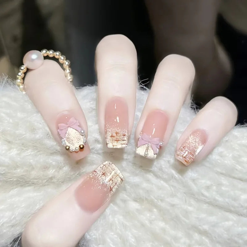 3D fake nails for women girls Gradient brown blue embossed flowers with rhinestones fall winter almond tips press on false nail