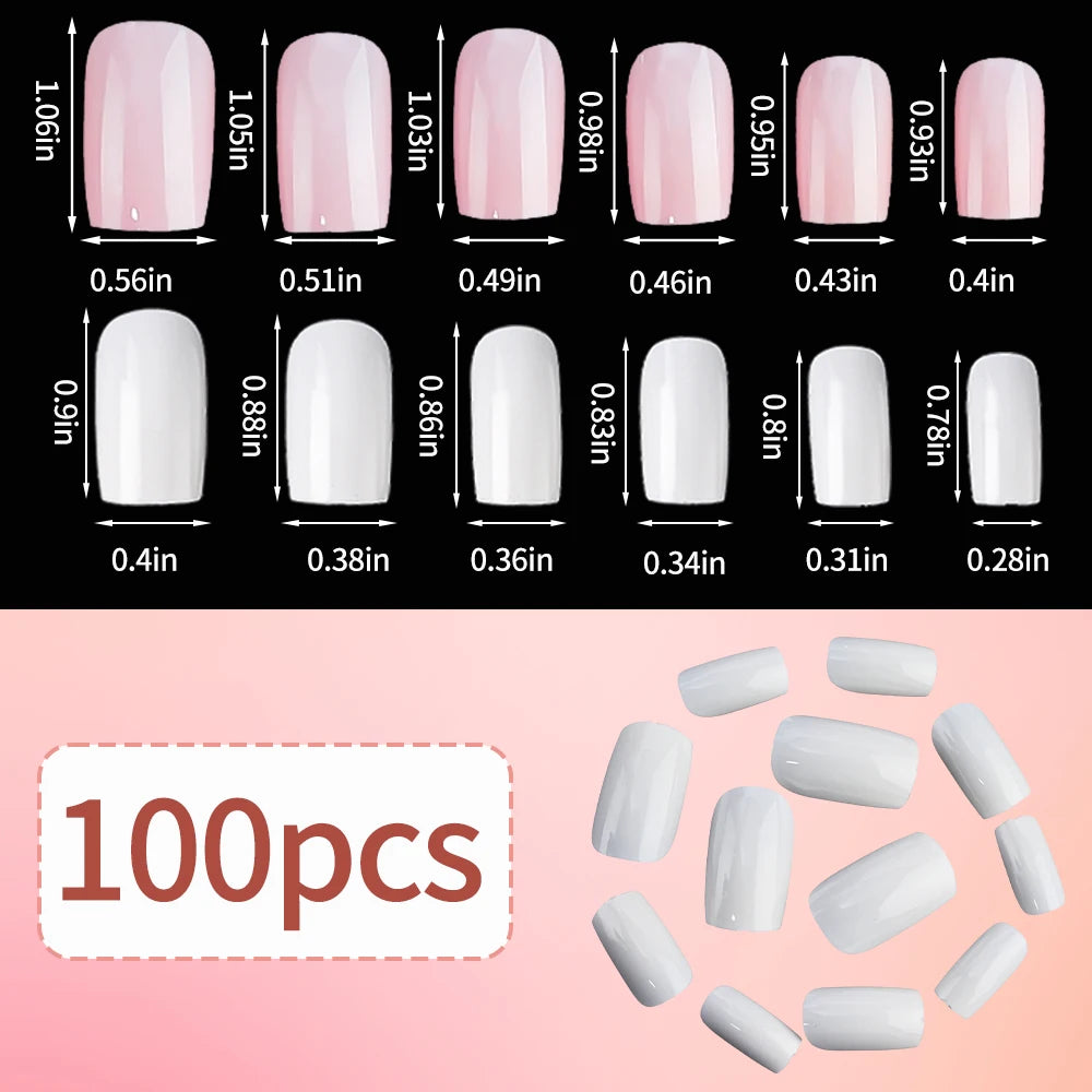 100Pcs Light Pink Press on Nails Short Medium Square Wearable Fake Nails Tips 10 Sizes Full Cover False Nails Finger Decoration